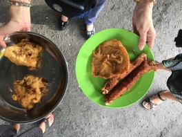 Fried tofu on the left, fried meaty things on the right
