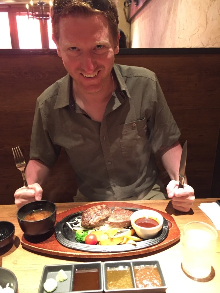 The German is very excited for his wagyu steak